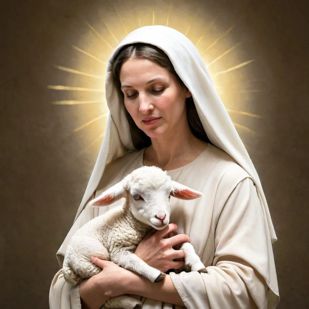 Prompt: Mother Mary holding a little lamb 