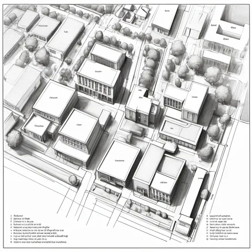 Prompt: Draw a 2D top sketch view of a map that fits these descriptions also indicate the allocated names for the above buildings . The buildings must be placed in the following locations.
Your house and the school at alternate angles,The post office and the bank at co-interior angles.The Church and police station at corresponding angles The library and post office at vertically opposite angles
The Petrol station and Spaza shop at supplemententary