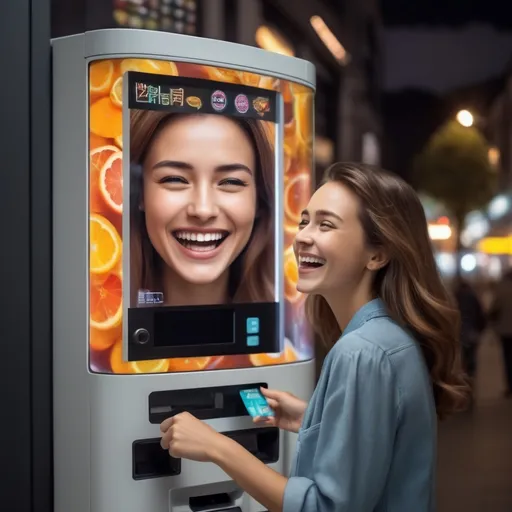 Prompt: A woman buys emotions from a vending machine that offers experiences such as joy, tranquility, and excitement. The vending machine has facial expressions on it. With a sophisticated machine from a futuristic city, you can instantly feel the emotions you choose with a simple scan. A person in front of you is smiling at the vending machine