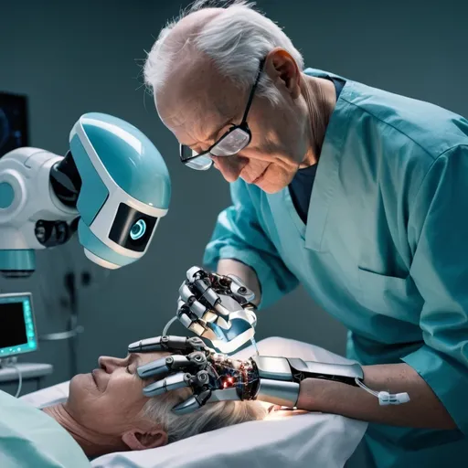 Prompt: In 2070, an elderly surgeon is performing surgery on a patient who has collapsed. He has robot gloves on his hands. It is futuristic.