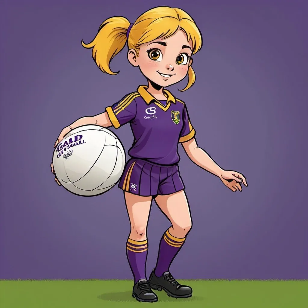 Prompt: cartoon of a girl in GAA uniform holding a gaelic football. uniform must be purple and yellow like Wexford colours. Ball must round in shape. Picture must show full length