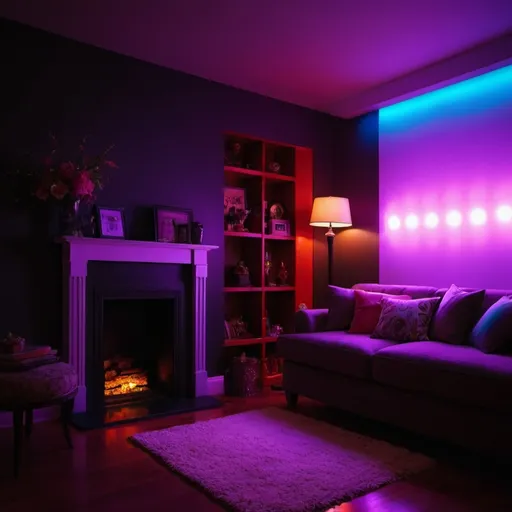 Prompt: Start with a dark room that suddenly lights up with vibrant, colorful LED lights, showcasing a dramatic transformation.