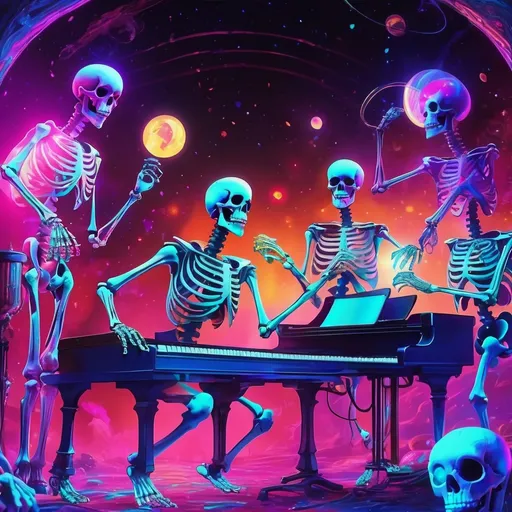 Prompt: (skeleton band playing music), psychedelic drug effects, vibrant neon colors, surreal atmosphere, glowing swirls and shapes, misty haze, ethereal lighting, trippy and whimsical, detailed skeletal features, animated expressions, high-energy scene, colorful musical instruments, cosmic background, floating stars and planets, ultra-detailed, 4K quality, cinematic masterpiece, high contrast, otherworldly setting.