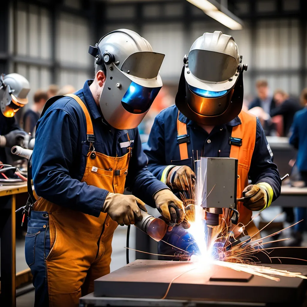 Prompt: Maak een afbeelding voor Hogeschool Utrecht voor op een beurs. gericht op werkende professionals. breng de activiteit naar buiten. met aandacht voor de volgende opleidingen: Metaalkunde, international welding Technologist, international welding engineer, projectmanagement en inspectie deskundige. Waarbij ons duurzame karakter naar voren komt en de individuele ontwikkel mogelijkheid van mensen zichtbaar wordt. Hoger op in techniek. laat het managen en de complexiteit meer zien