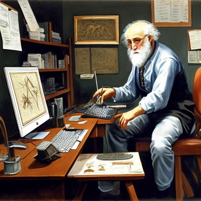 Prompt: a painting of Evolution biologist Charl Darwin working with Computer

