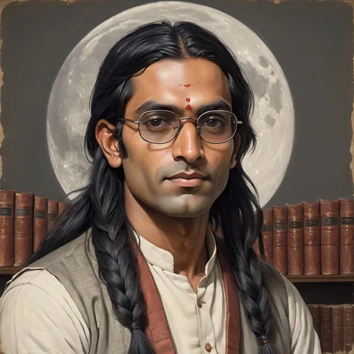 Prompt: painting of a thin 30 year old Indian man with long black hair pulled into a braid, streaks of grey hair, wearing narrow half moon glasses, antique library background