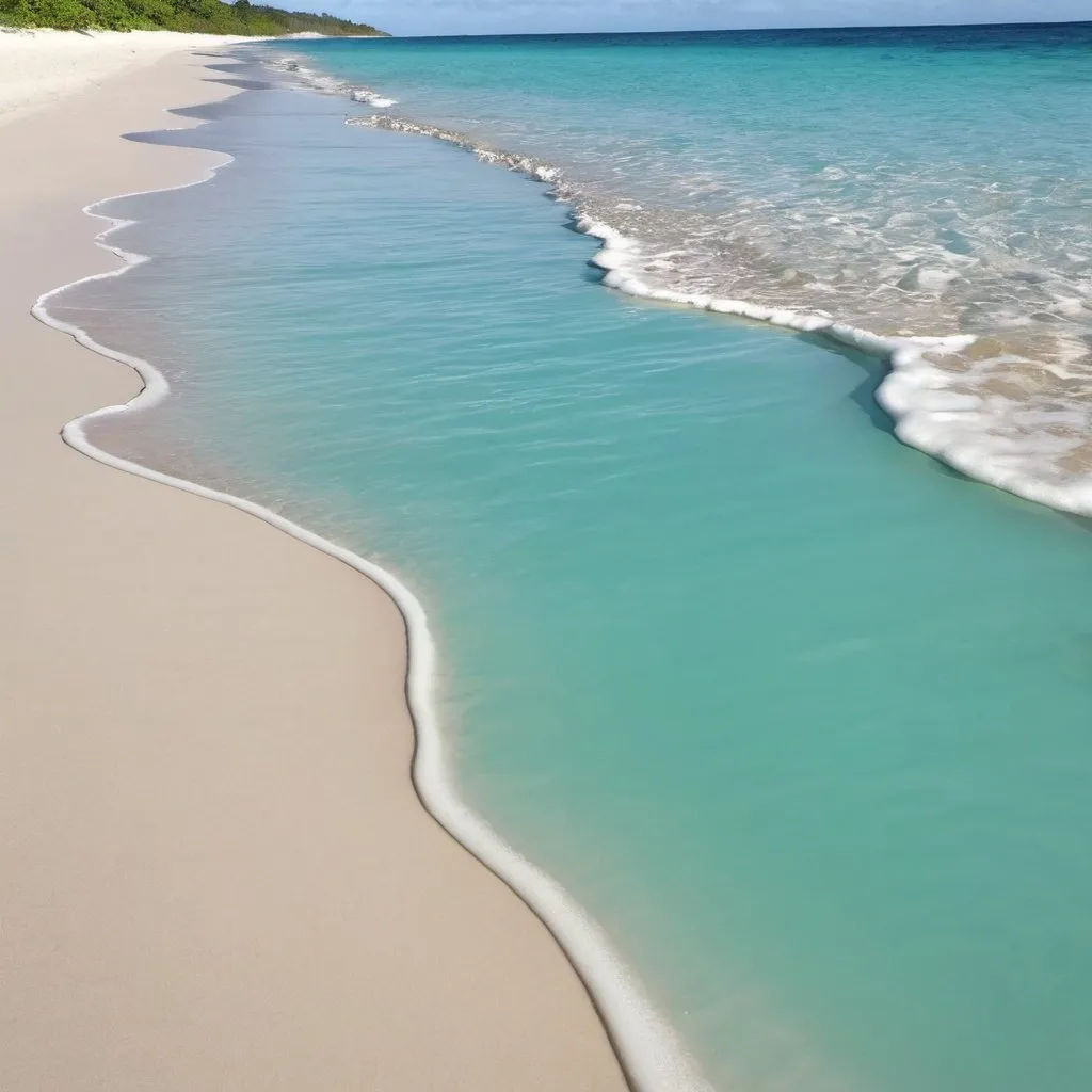 Prompt: blue green ocean water washing up onto a white sandy beach