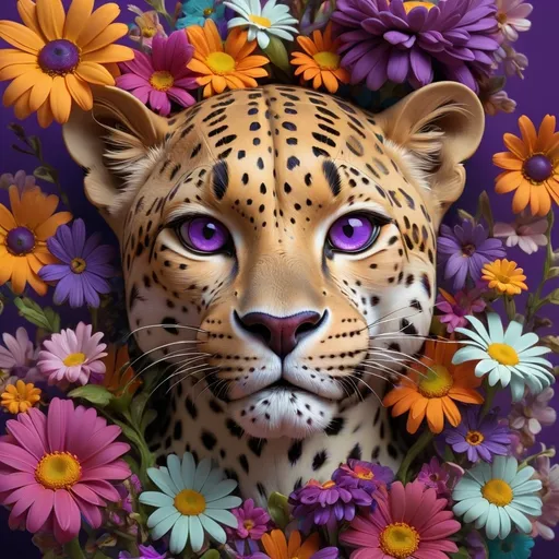 Prompt: (leopard head), surrounded by vibrant flowers and delicate daisies, rich purple background, (name tag "Alberto Seveso"), (pop surrealism), highly detailed, (digital painting), airbrush style, bold contrasts, intricate textures, captivating depth, inviting ambiance, visually striking masterpiece, breathtaking artistry, whimsical elements, ultra-detailed, high-quality.