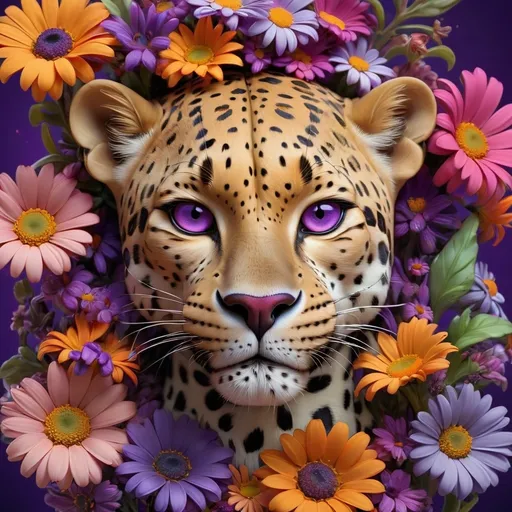 Prompt: (leopard head), surrounded by vibrant flowers and delicate daisies, rich purple background, (name tag "Alberto Seveso"), (pop surrealism), highly detailed, (digital painting), airbrush style, bold contrasts, intricate textures, captivating depth, inviting ambiance, visually striking masterpiece, breathtaking artistry, whimsical elements, ultra-detailed, high-quality.