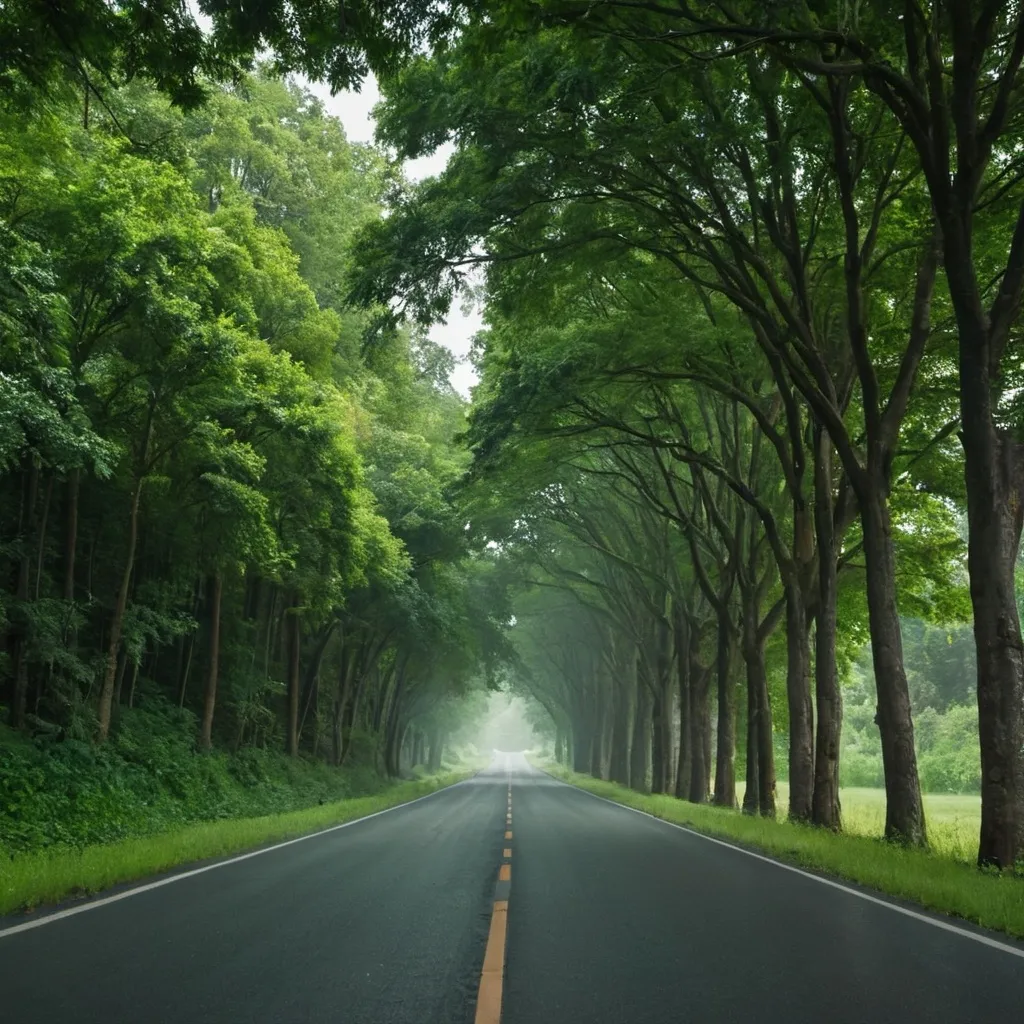 Prompt: an empty road surrounded by lush green trees