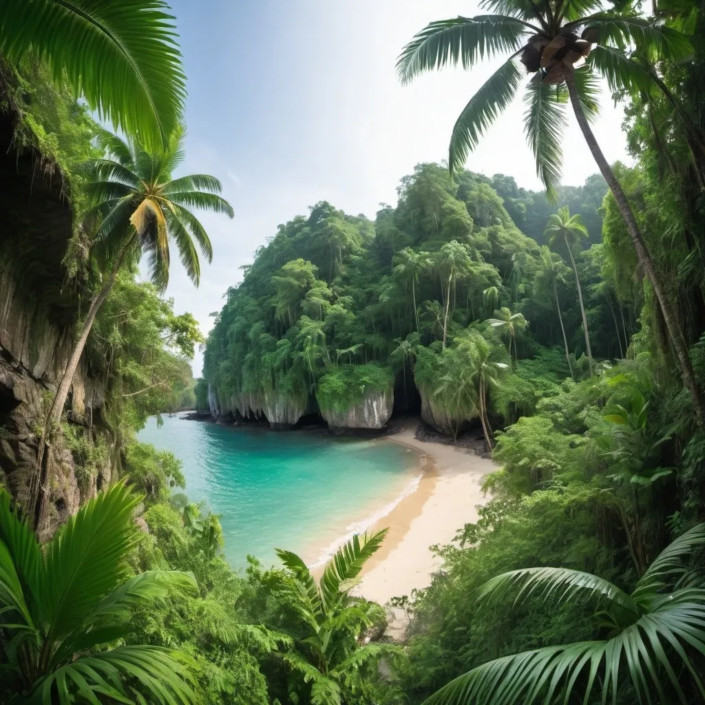 Prompt: Panorama of dense jungle wild forest with palm trees and tropical plants with beach rock clift