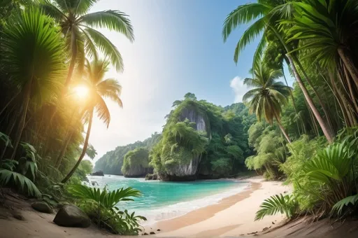 Prompt: Panorama of dense jungle wild forest with palm trees and tropical plants with beach rock clift