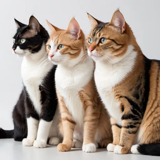 Prompt: There are a total of 4 cats in the picture. Each cat is in profile, facing east, west, east, and west respectively. Each cat's distance in the picture is different.