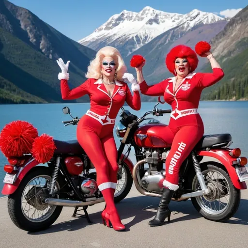 Prompt: 2 older drag queens
wearing dresses with Triumph Motorcycle logos on uniform and pom poms. doing the splits next to a red Triumph Bonneville next to a mountain lake