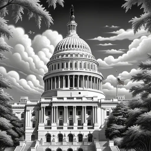 Prompt: Detailed black and white realism of an magnificent eye, vividly perched behind the United States Capitol, with intricate features showcasing its expressive nature, vibrant colors illuminating the scene, the majestic Capitol building prominently displayed in front, capturing the iconic architecture, surrounded by a rich and lush backdrop, under bright azure skies, ultra-detailed, striking contrast, emphasizing keen observation.