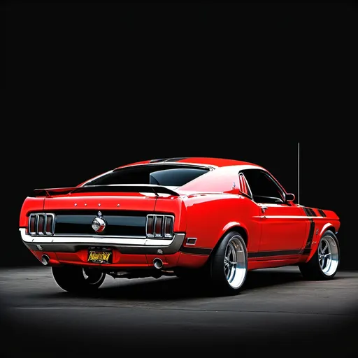 Prompt: pro street 1970 red mustang SIDE VIEW NARROWED  rear END  black background vibrant colors 