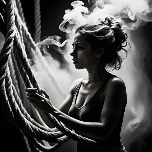 Prompt: Black and white, women gazing through a chaotic wall of ropes, embodying urgency and determination, escaping towards freedom, swirling smoke enveloping the scene, creating a sense of mystery and tension, intricate detailing in the ropes and smoke, high contrast lighting, ethereal atmosphere, poignant expressions, ultra-detailed, dramatic composition, evoking feelings of struggle and liberation.