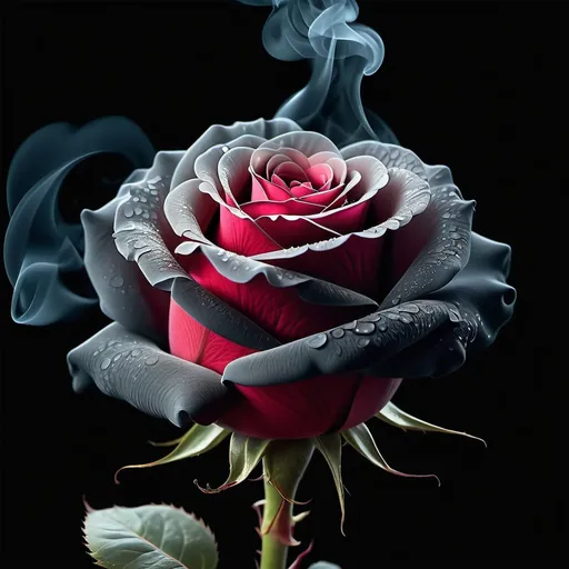 Prompt:  huge smoke effect stunning one big rose vivid color black background  realistic with whispering smoke effect 