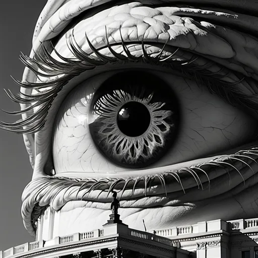 Prompt: Detailed eye, overlooking the United States Capitol building, striking black and white contrast, intricate textures, high detail on the eye's features, dramatic shadows, capturing a sense of watchfulness, profound perspective, the Capitol's dome looming in the background, symbolic representation of vigilance, ultra-detailed, atmospheric composition that evokes strength and authority.