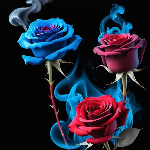 Prompt:  smoke effect stunning red and blue roses vivid color black background  realistic with whispering smoke effect 