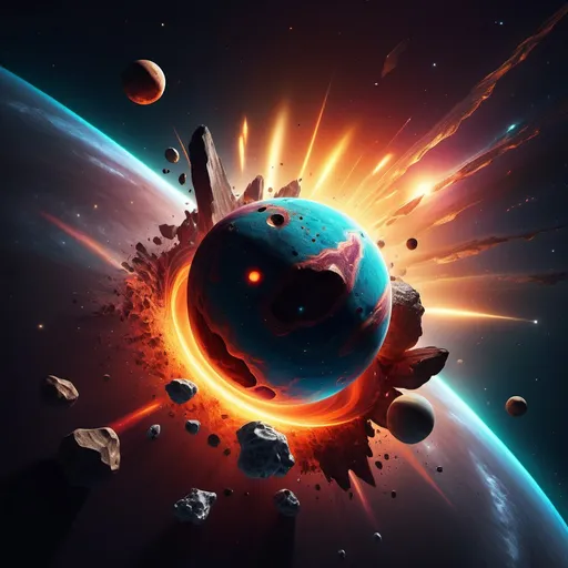 Prompt: stunning lighting with planets and asteroids colliding extremely detailed vivid colors 