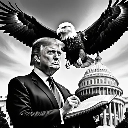 Prompt: black and white President Donald J Trump overlooking the United States of America holding the constitution and a highly detailed bald eagle flying above him