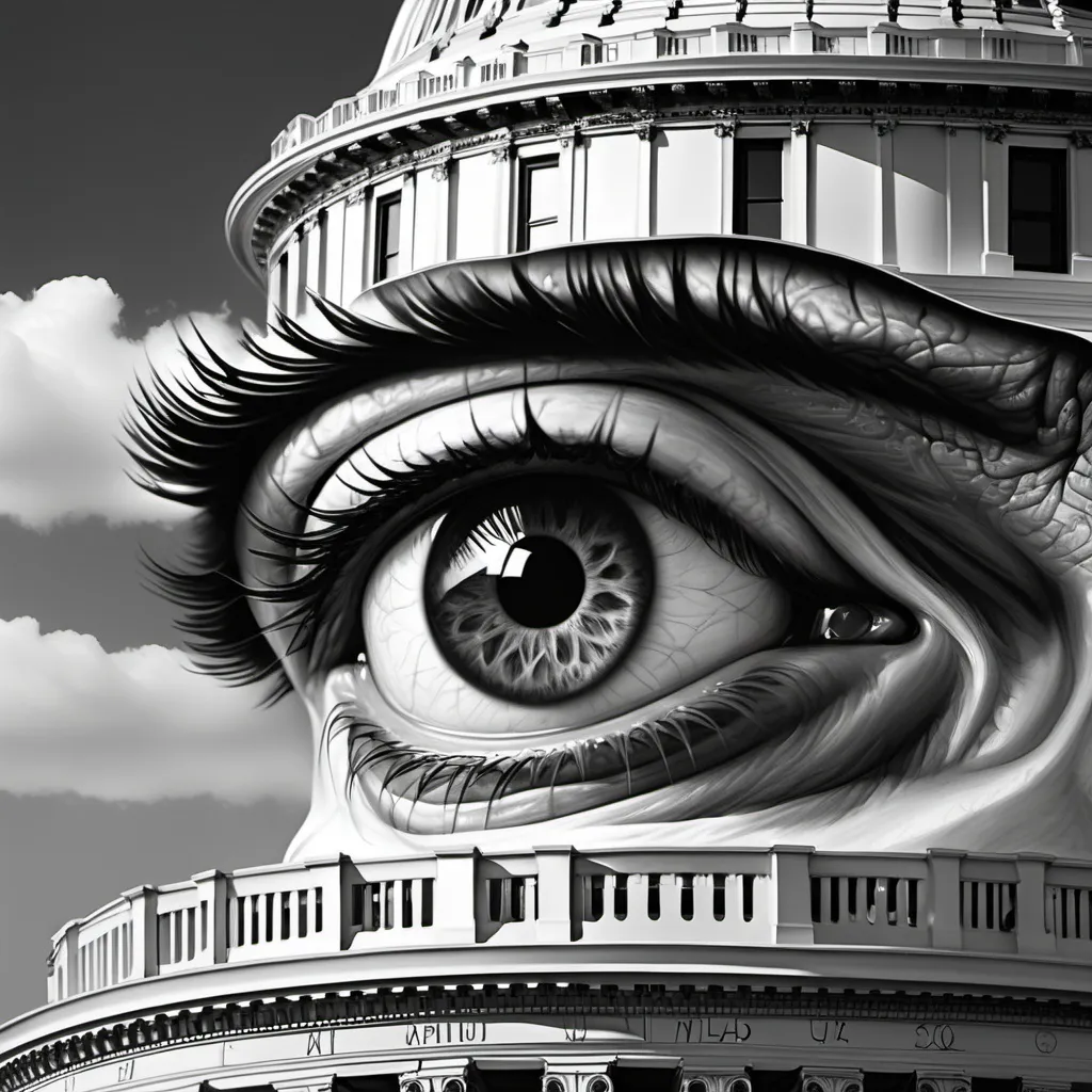 Prompt: black and white Detailed realism of an eye, vividly perched behind the United States Capitol