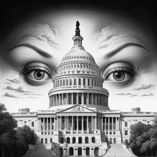 Prompt: black and white Detailed realism of an eye, above the United States Capital with capitol totally visible 