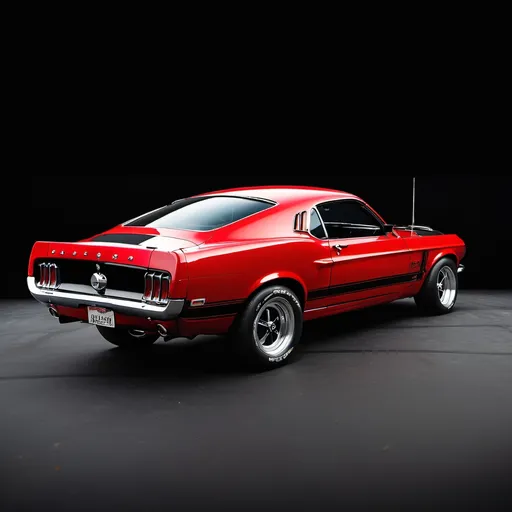 Prompt: pro street 1970 red mustang SIDE VIEW  NARROWED  rear END  black background vibrant colors DRIVING THROUGH SOLAR SYSTEM

