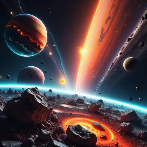 Prompt: stunning lighting with planets and asteroids colliding extremely detailed vivid colors 