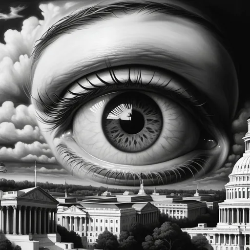 Prompt: black and white Detailed realism of an eye, above the United States Capital with capitol totally visible 