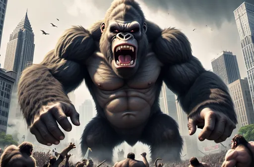 Prompt: angry trolls battling King Kong in a huge city 