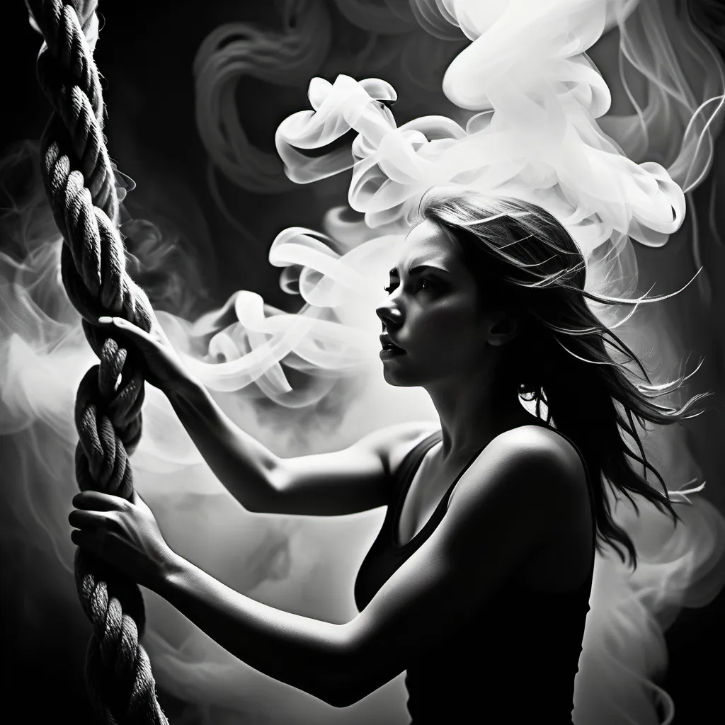 Prompt: Black and white, women gazing through a chaotic wall of ropes, embodying urgency and determination, escaping towards freedom, swirling smoke enveloping the scene, creating a sense of mystery and tension, intricate detailing in the ropes and smoke, high contrast lighting, ethereal atmosphere, poignant expressions, ultra-detailed, dramatic composition, evoking feelings of struggle and liberation.
