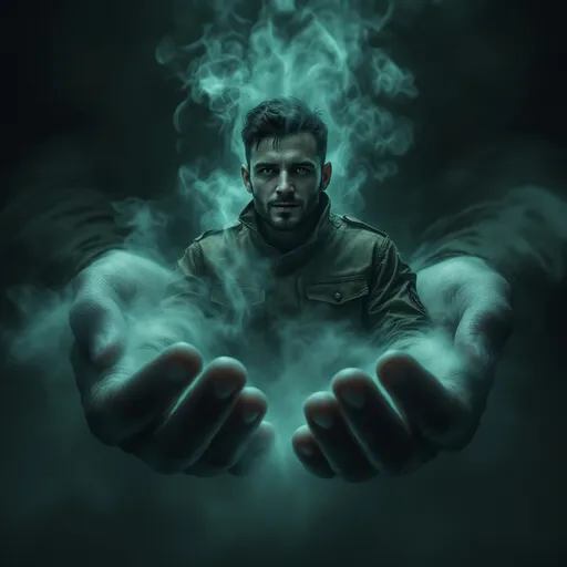 Prompt: glowing smoke image of a soldier being held in the palms on hands 