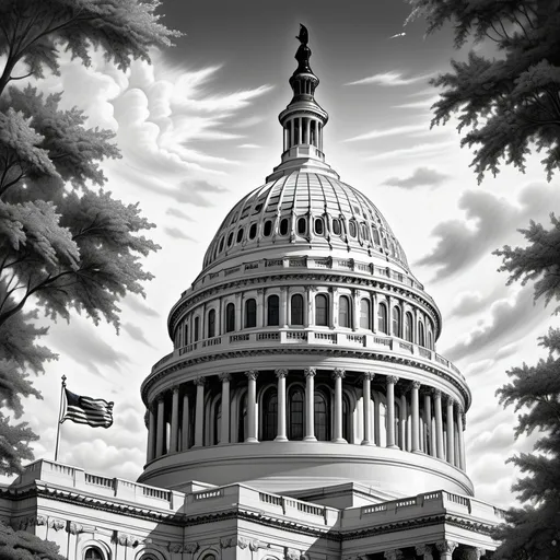 Prompt: Detailed black and white realism of an magnificent eye, vividly perched behind the United States Capitol, with intricate features showcasing its expressive nature, vibrant colors illuminating the scene, the majestic Capitol building prominently displayed in front, capturing the iconic architecture, surrounded by a rich and lush backdrop, under bright azure skies, ultra-detailed, striking contrast, emphasizing keen observation.