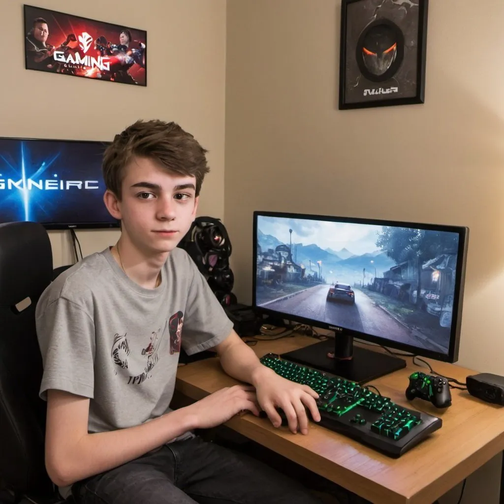 Prompt: give me a picture of a picture of a typical 17 year old at his gaming setup