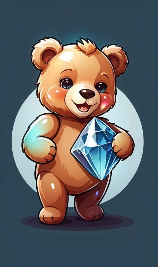 Prompt: Create a logo with a cute cartoon teddy bear, holding a crystal, with smile and is dancing 
