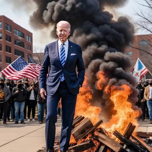 Prompt: Create me an image of Joe Biden, Chicago burning in the back drop, migrants, squatters in nye, the police and Israel vs Palestine protestors on a college campus, as well as the American flag