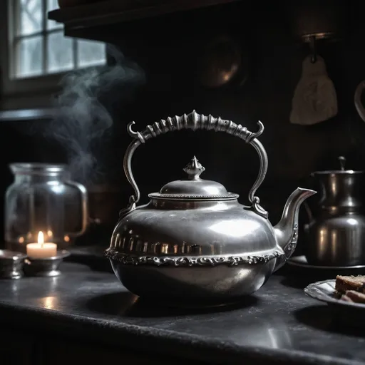 Prompt: a demon's faint reflection appears on a silver teapot in a dark gothic kitchen