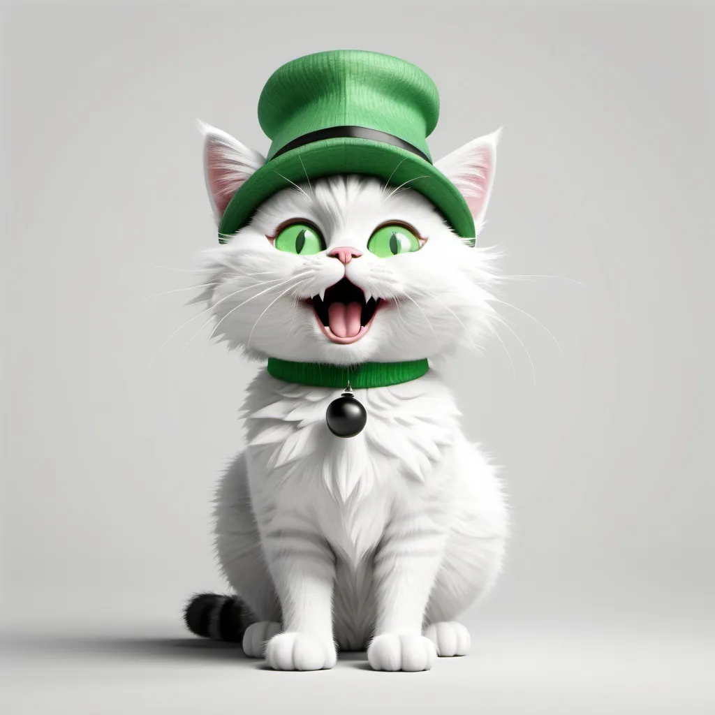 Prompt: cute fluffy cat with really cute big green eyes, open mouth with tongue out, black and white, wearing a small cute green hat, full body standing pose, stylized 3D digital illustration, plain white background