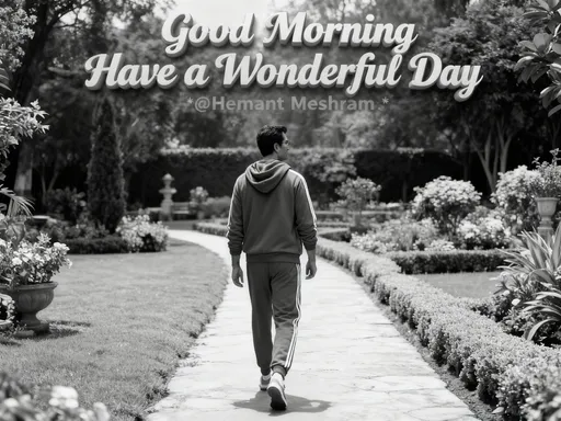 Prompt: create an ultra-realistic image of this person in reference image in a track suit with hoodie , hood rest on back,  walks in the garden on a well maintained walking trail.  An image in 4:3 aspect ratio of 8k resolution,  black and white vintage image . on the top of image the following text message in cursive, 3d style block letters in black and white color.
"Good Morning "
"Have a Wonderful Day "
"*@Hemant Meshram *"