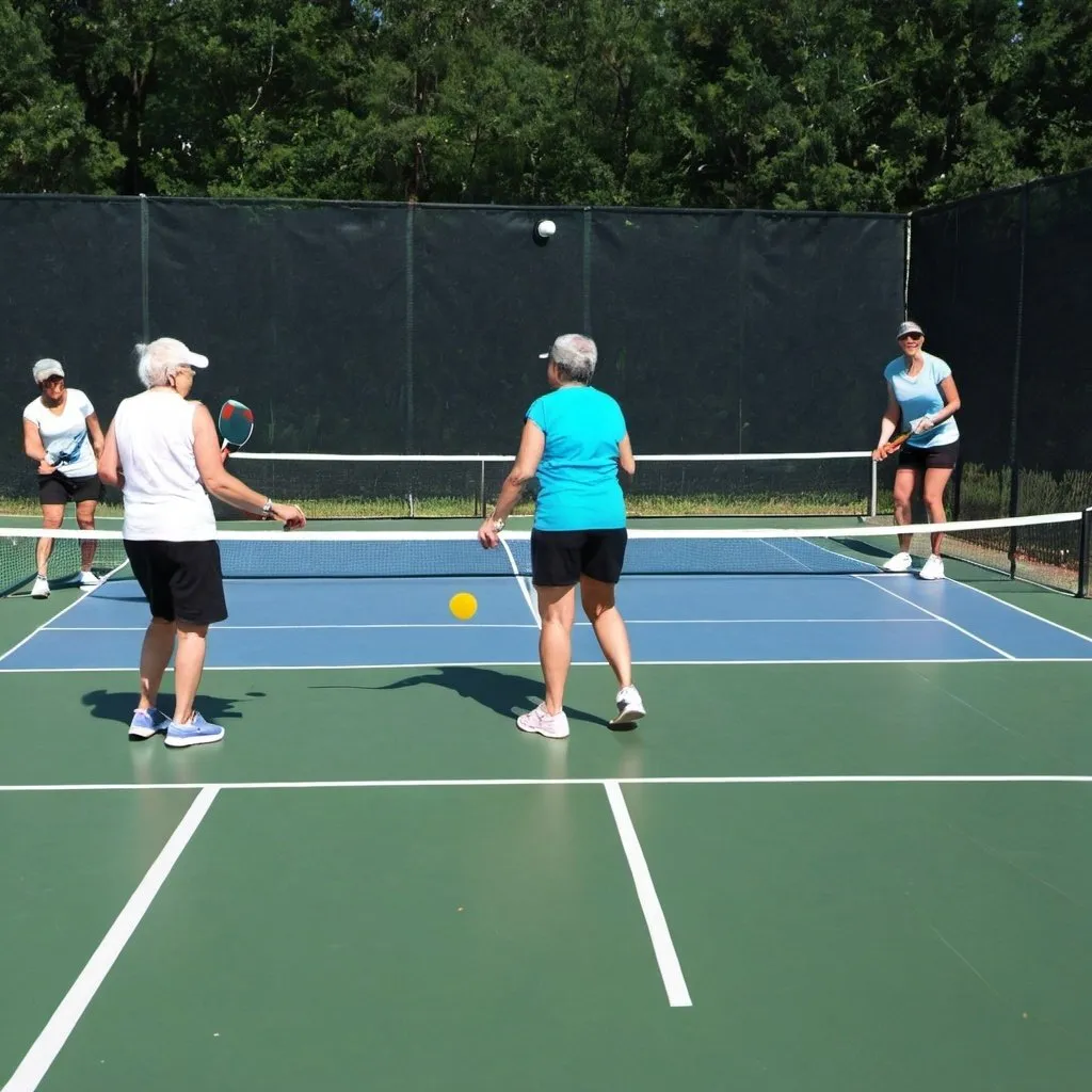 Prompt: A photo of four people playing pickleball