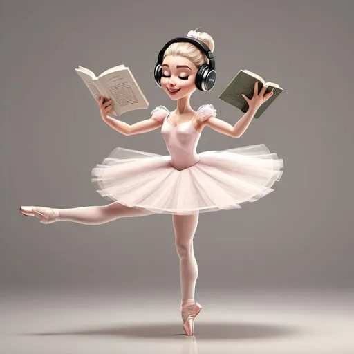 Prompt: a white cartoon ballerina dancing while reading a book with headphones on