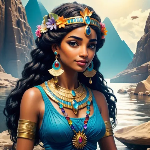 Prompt: A river goddess wearing an Egyptian necklace with flowers on her hair standing by the riverbank of precious gems and sea shells 