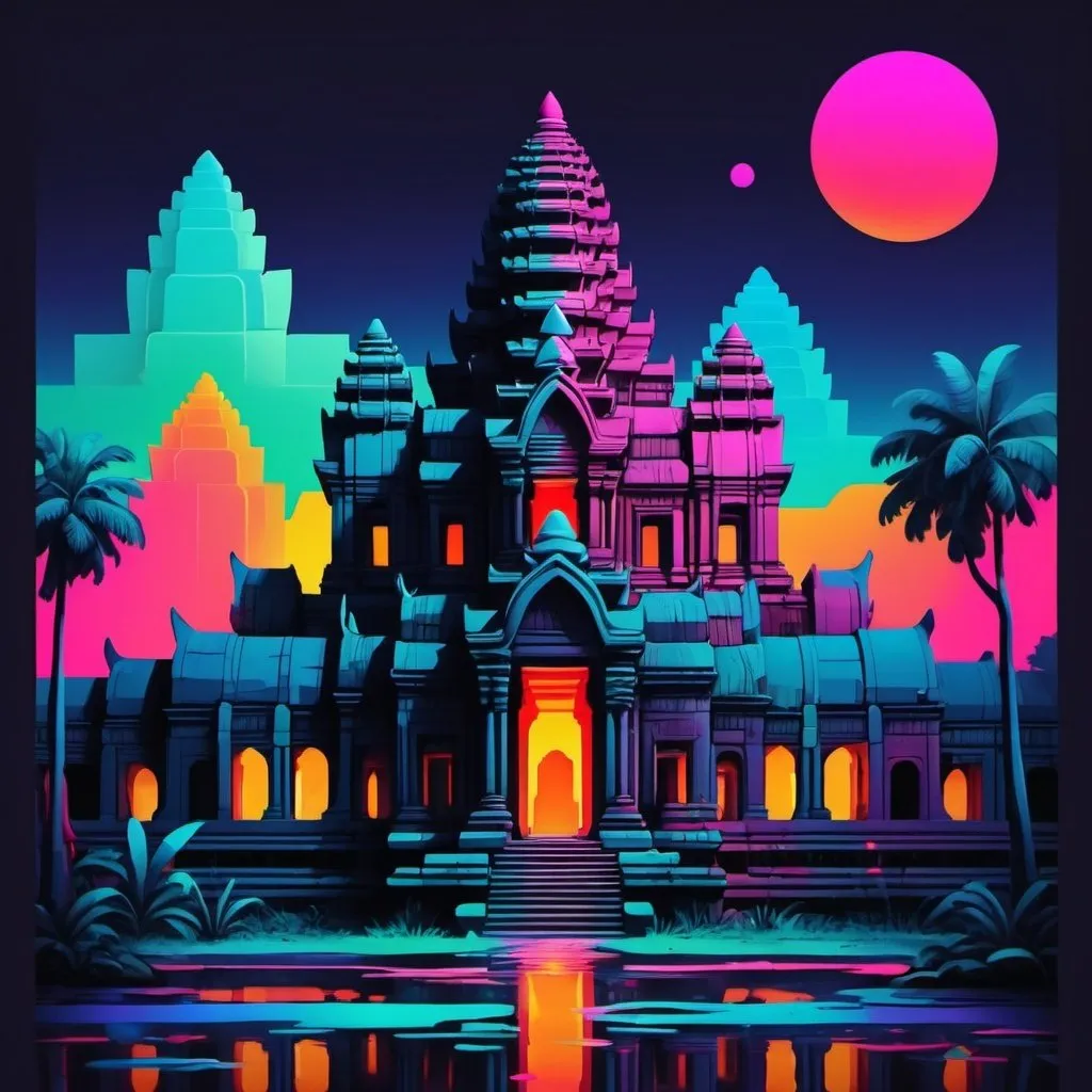 Prompt: Abstract illustration colorful shapes, neon realism style, layered, soft rounded forms, subtle gradients, bold patterns, angkor wat style
