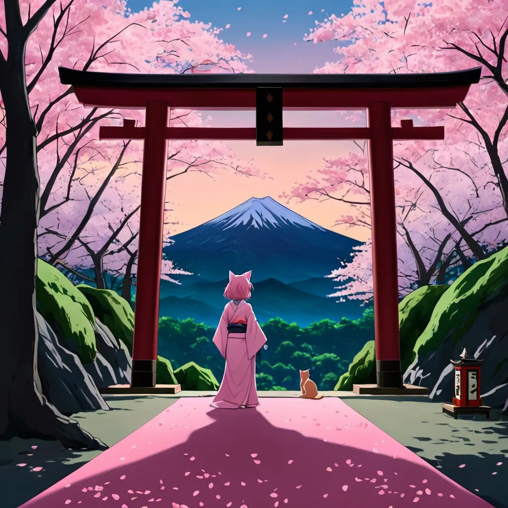 Prompt: anime, girl, detailed, pink hair, shy, cat ears, very detailed Serene Sakura Forest: A tranquil scene of a lush forest blanketed in cherry blossoms at dusk. The pink petals gently fall and create a soft carpet on the ground. A lone samurai girl with a flowing kimono stands in the center, looking out at a distant mountain with a small shrine at the peak. Delicate beams of sunlight pierce through the trees, illuminating the petals in the air, adding a magical glow.