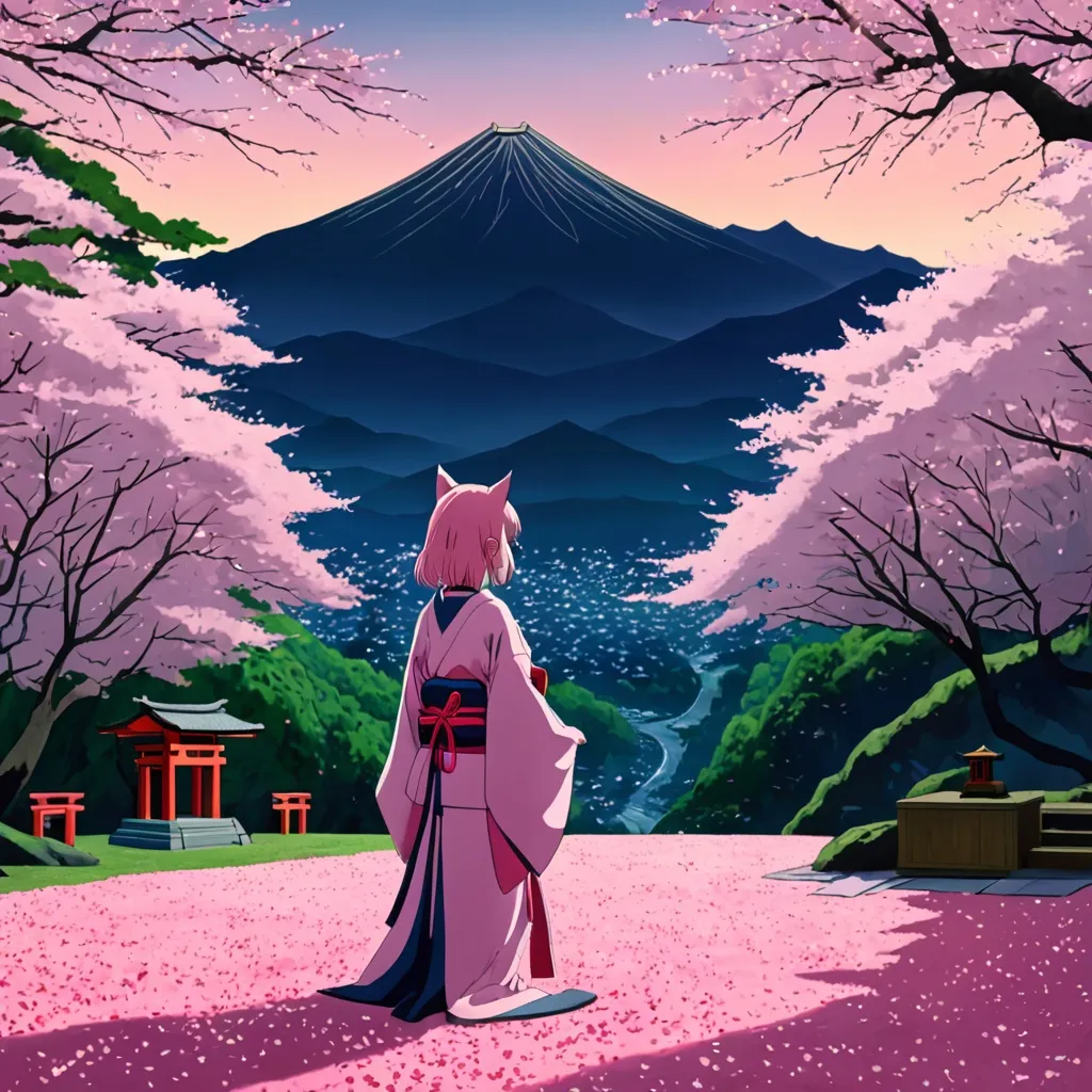 Prompt: anime, girl, detailed, pink hair, shy, cat ears, very detailed Serene Sakura Forest: A tranquil scene of a lush forest blanketed in cherry blossoms at dusk. The pink petals gently fall and create a soft carpet on the ground. A lone samurai girl with a flowing kimono stands in the center, looking out at a distant mountain with a small shrine at the peak. Delicate beams of sunlight pierce through the trees, illuminating the petals in the air, adding a magical glow.