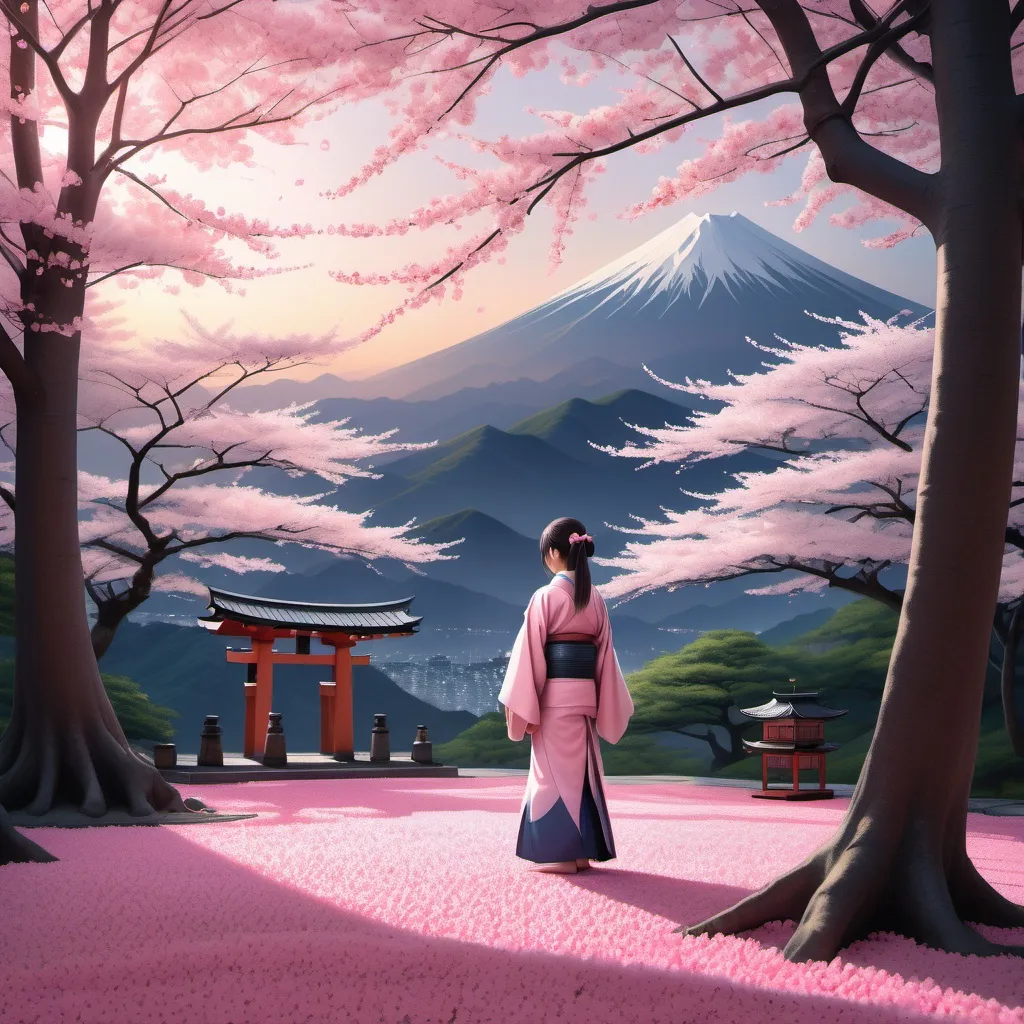 Prompt: Serene Sakura Forest: A tranquil scene of a lush forest blanketed in cherry blossoms at dusk. The pink petals gently fall and create a soft carpet on the ground. A lone samurai girl with a flowing kimono stands in the center, looking out at a distant mountain with a small shrine at the peak. Delicate beams of sunlight pierce through the trees, illuminating the petals in the air, adding a magical glow.