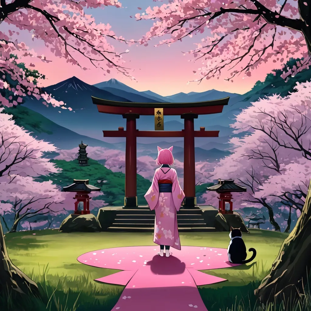 Prompt: anime, girl, detailed, pink hair, shy, cat ears, very detailed Serene Sakura Forest: A tranquil scene of a lush forest blanketed in cherry blossoms at dusk. The pink petals gently fall and create a soft carpet on the ground. A lone samurai girl with a flowing kimono stands in the center, looking out at a distant mountain with a small shrine at the peak. Delicate beams of sunlight pierce through the trees, illuminating the petals in the air, adding a magical glow.