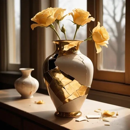 Prompt: "Create an image of a broken vase being pieced back together with golden seams, symbolizing the beauty of imperfection. The background should be a warm, serene workshop with soft sunlight filtering through a window, casting gentle shadows on the scene."